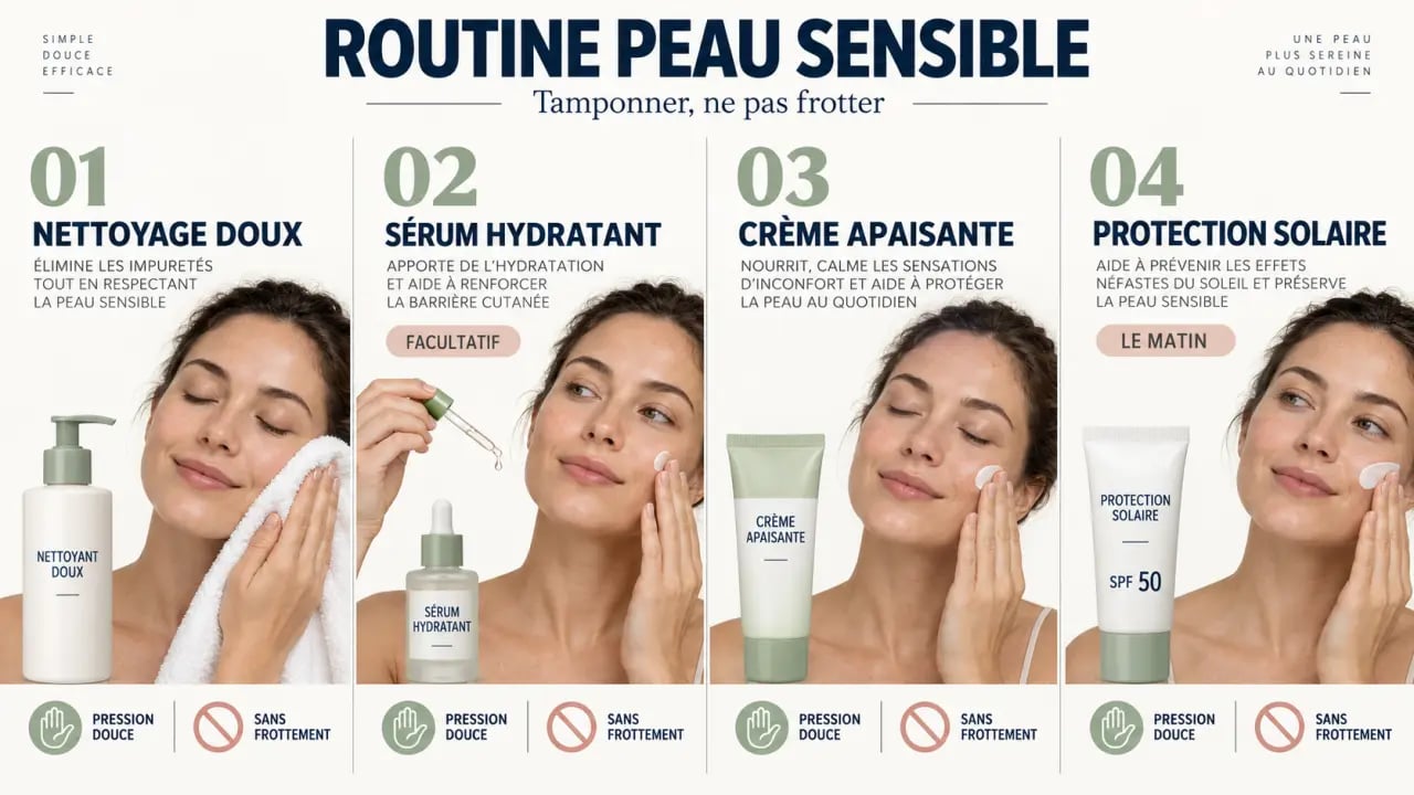 Routine beauté peau sensible en quatre étapes, du nettoyage doux à la protection solaire