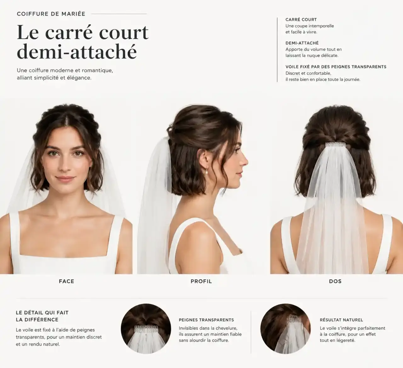 Coiffure mariage carré court avec voile fixé par peignes, vue de face, de profil et de dos
