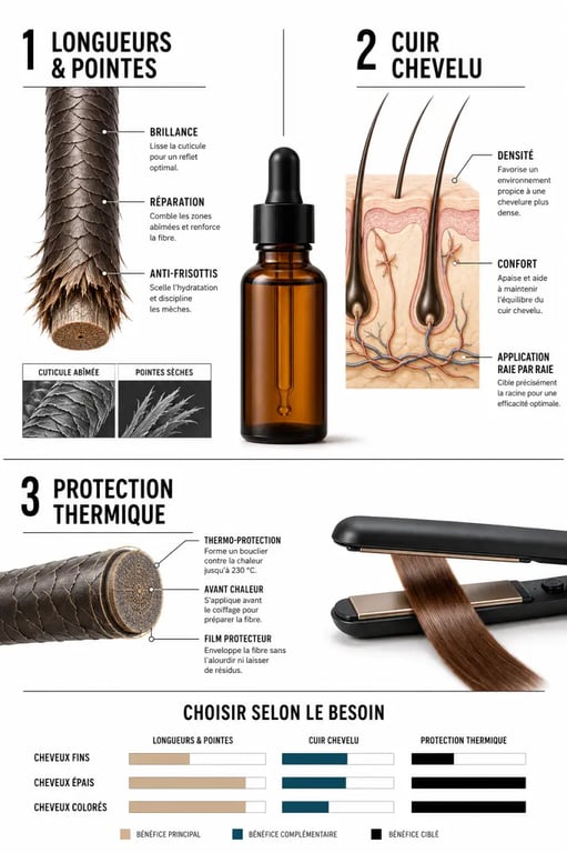 Infographie sérum cheveux : comment choisir selon le besoin et la zone d’application