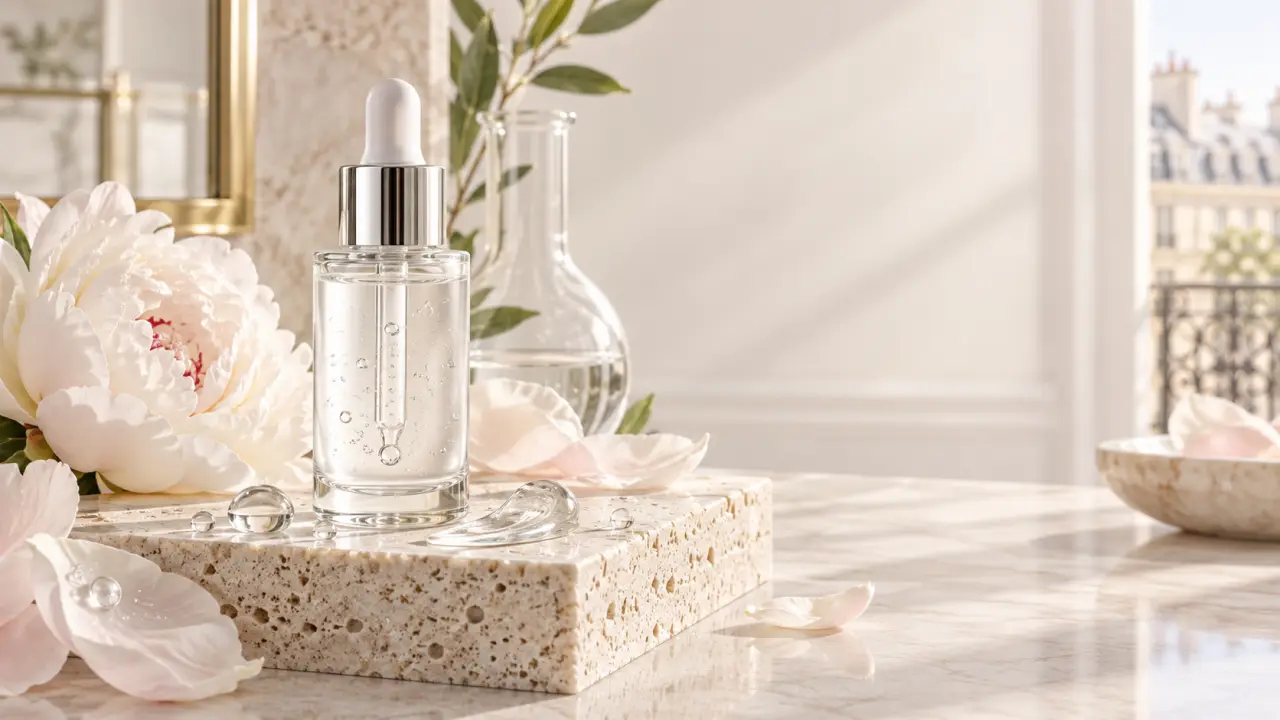 Sérum à l’acide hyaluronique dans un flacon élégant, au style cosmétique haut de gamme