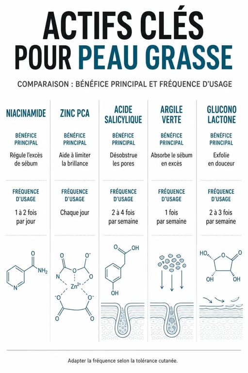 Tableau des actifs pour soin visage peau grasse : niacinamide, zinc, acide salicylique et argile