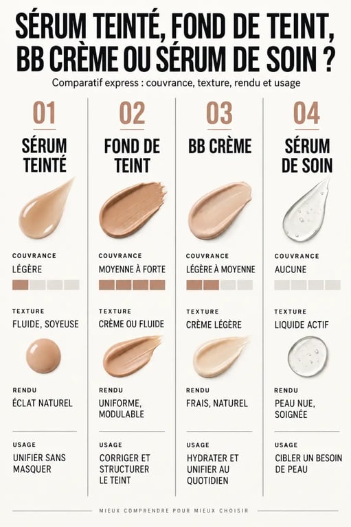 Comparaison d’un sérum teinté avec un fond de teint, une BB crème et un sérum de soin