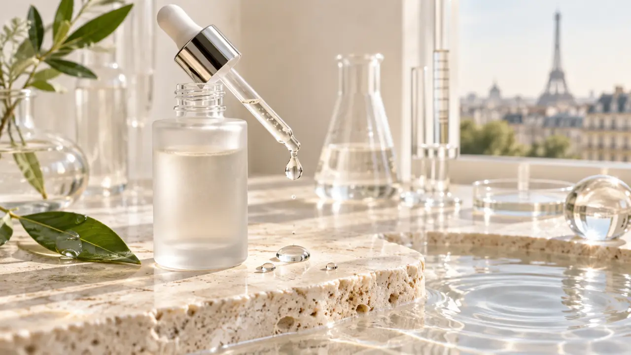Flacon de sérum hyaluronique haut de gamme sur un fond lumineux