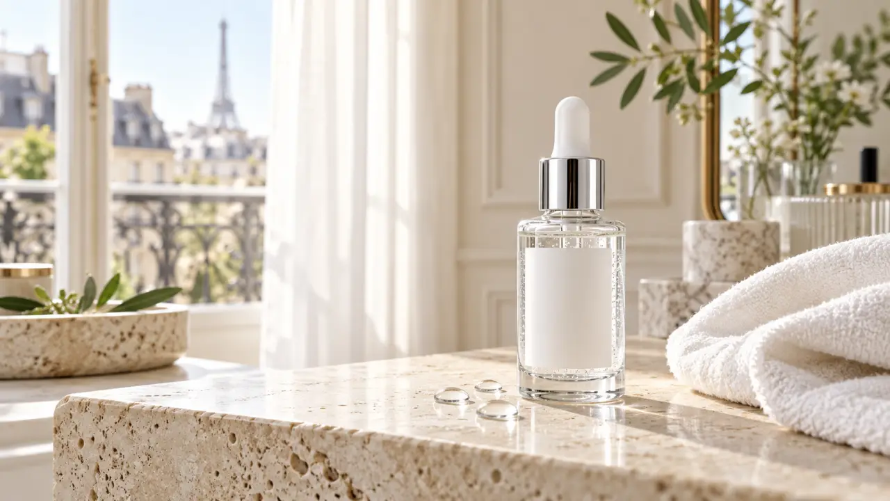 Flacon de sérum hyaluronique Hyaléon dans un décor lumineux et élégant