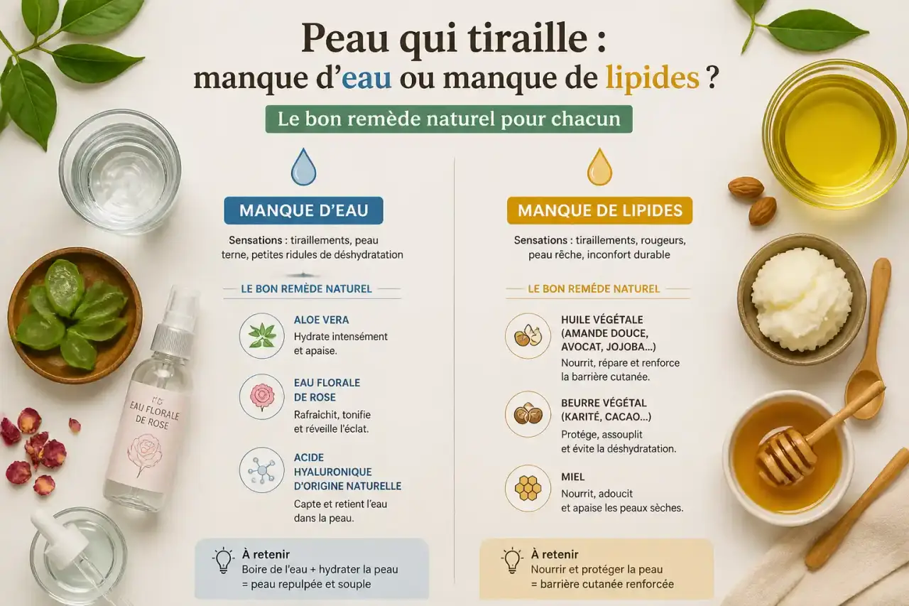 Peau qui tiraille : manque d'eau ou manque de lipides ? Le bon remède naturel pour chacun