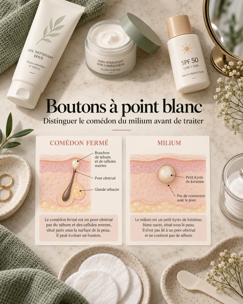 Boutons à point blanc : distinguer le comédon du milium avant de traiter
