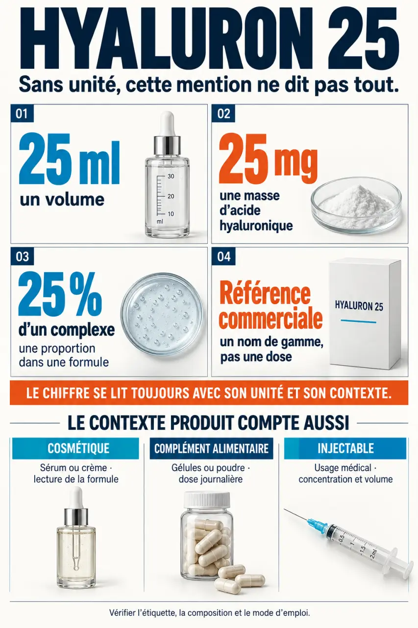 Infographie Hyaluron 25 montrant les différentes significations possibles du nombre 25 selon le produit