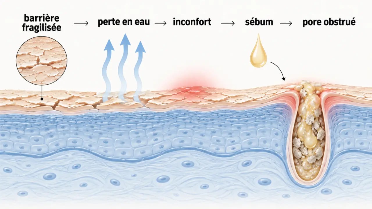 Schéma explicatif du mécanisme des peaux seches et boutons, de la barrière cutanée fragilisée au pore obstrué