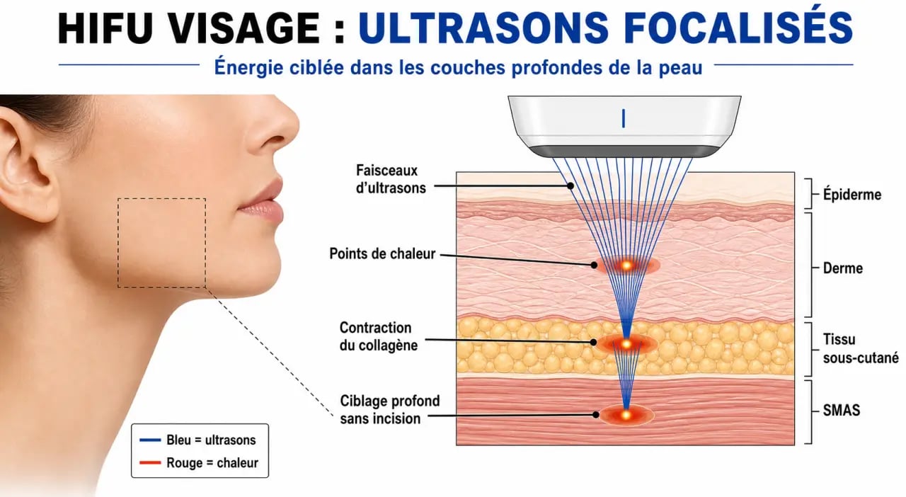 Schéma du soin hifu visage montrant l’action des ultrasons focalisés dans les couches de la peau