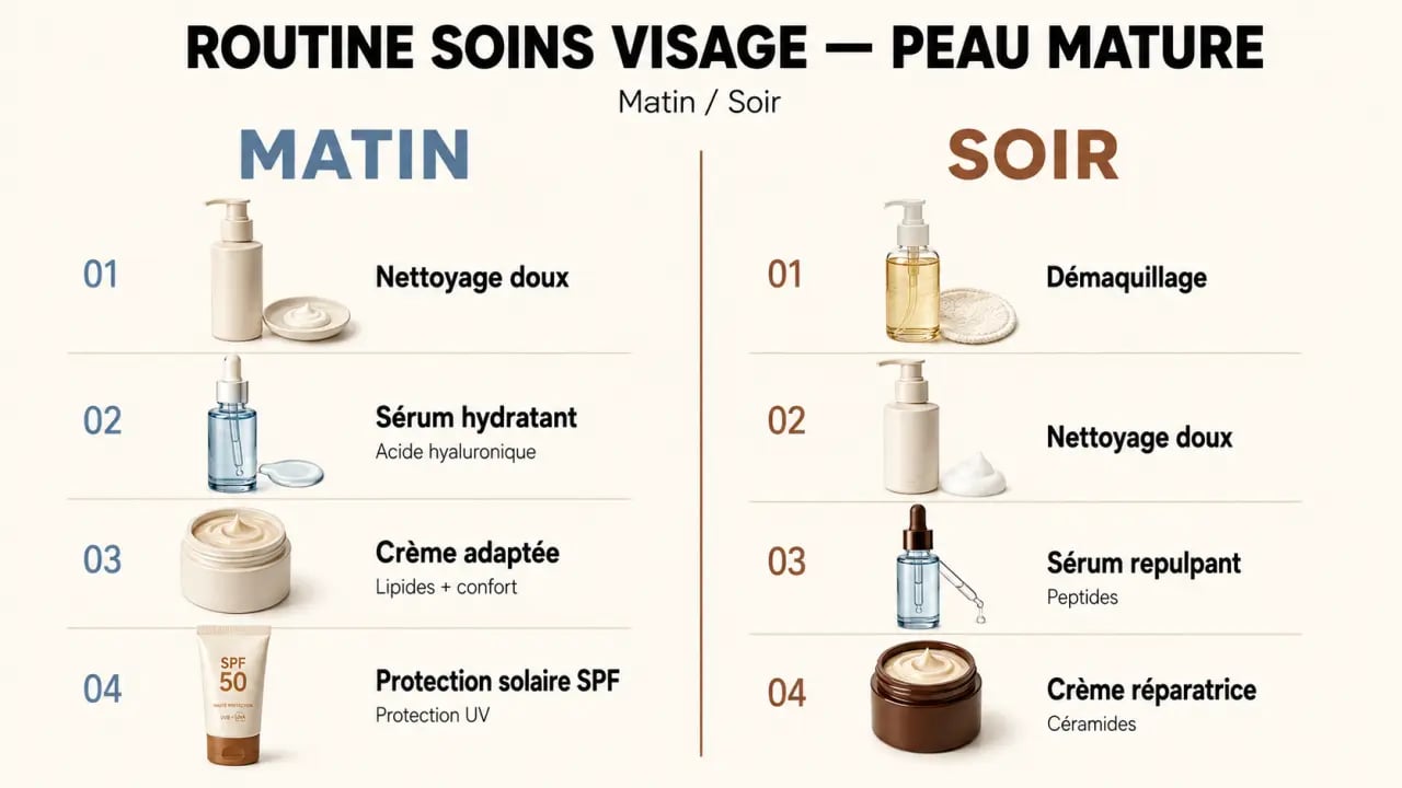 Soins visage peau mature : routine matin et soir avec textures et actifs clés