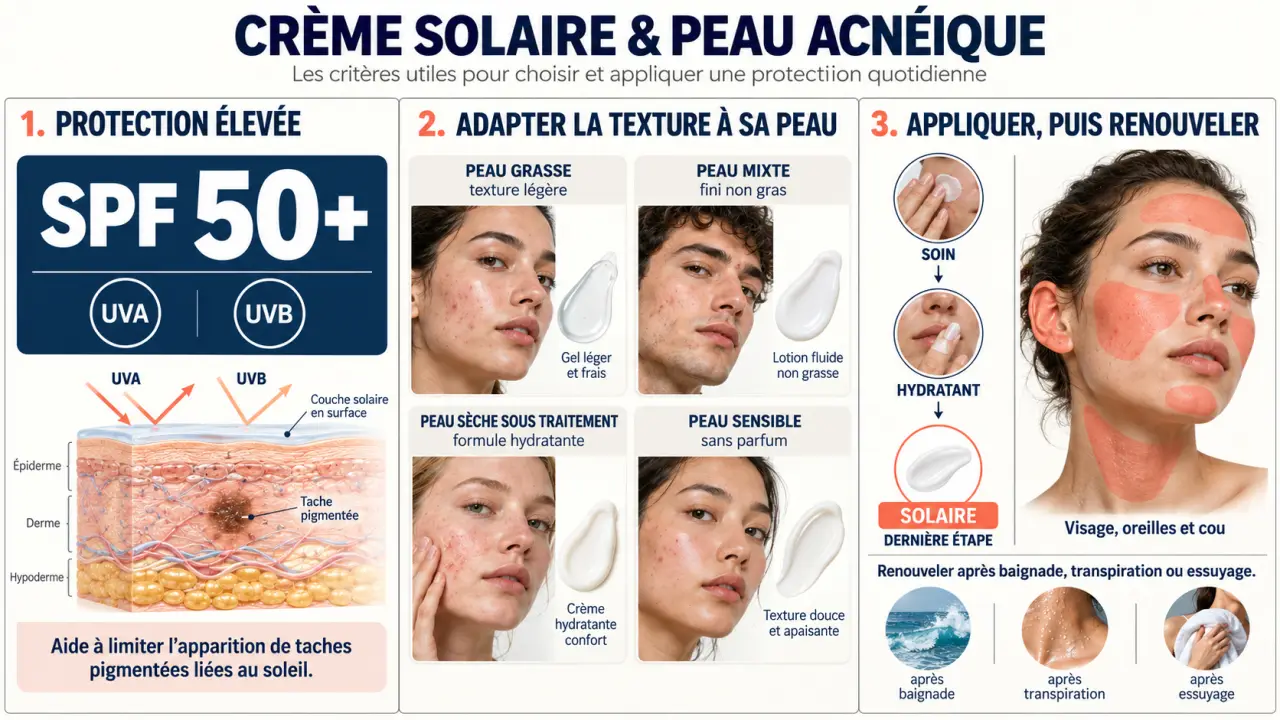 Crème solaire peau acnéique : critères SPF 50+, protection UVA et choix de texture selon le type de peau