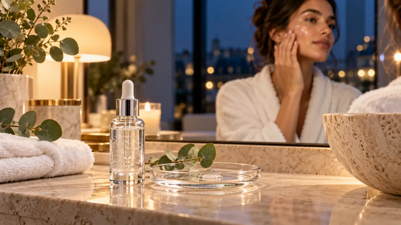 Femme au teint lumineux appliquant un sérum hydratant le soir