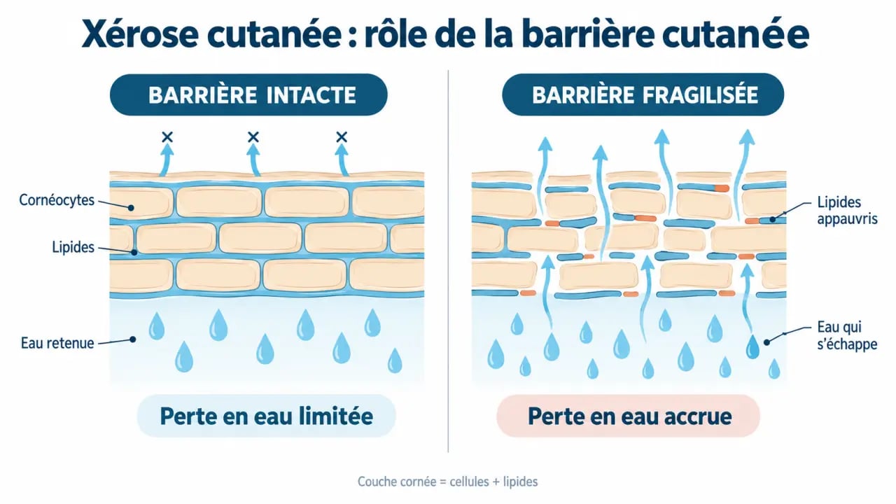 Schéma de la barrière cutanée fragilisée dans la xérose cutanée