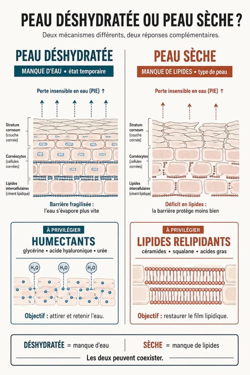 Infographie sur le soin hydratant visage, la peau sèche, la peau déshydratée et la barrière cutanée