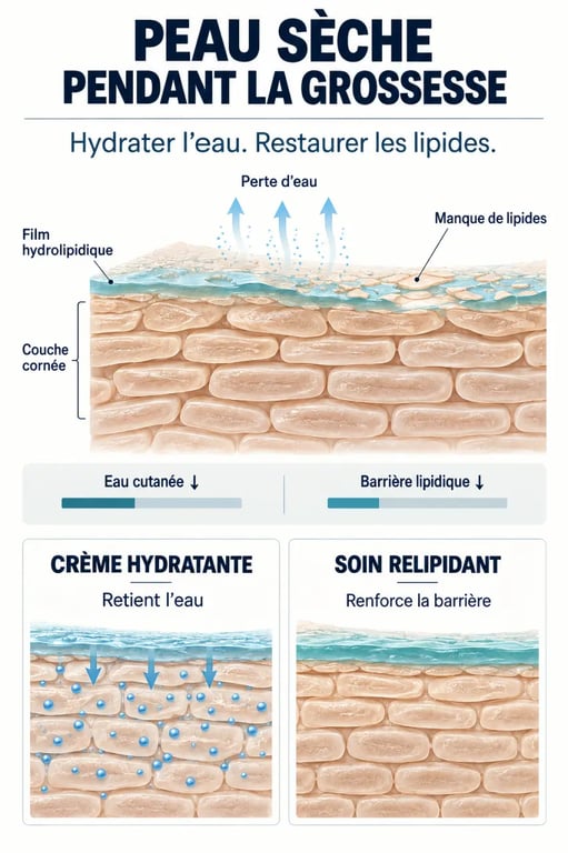 Schéma explicatif de la peau sèche pendant la grossesse et du film hydrolipidique