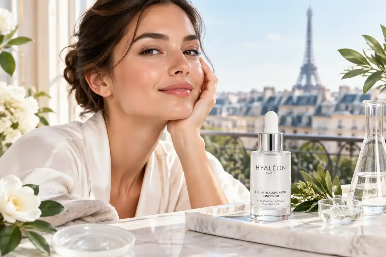 Sérum hyaluronique premium dans un flacon élégant, posé dans un décor lumineux