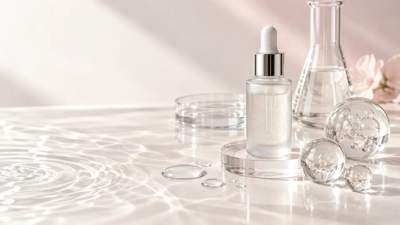 Flacon de sérum hyaluronique haut de gamme dans un univers lumineux et élégant
