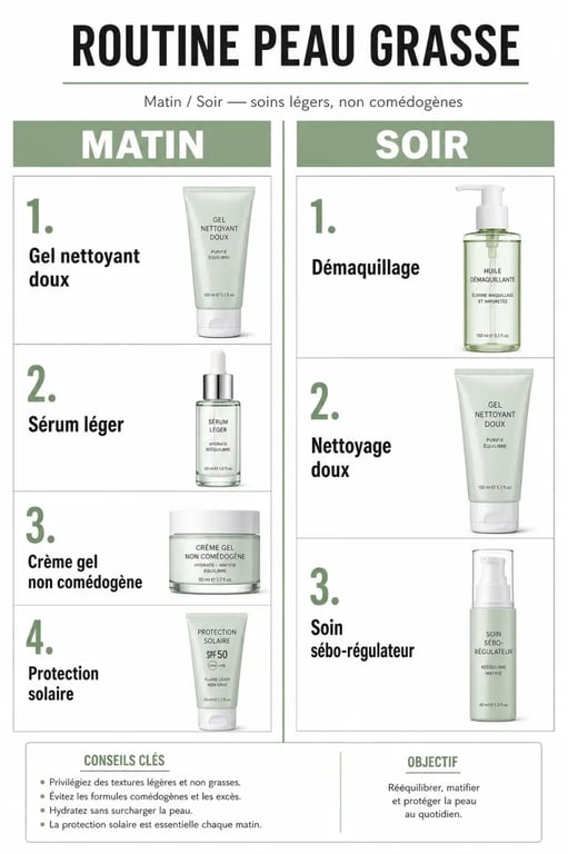 Routine soin visage peau grasse matin et soir avec nettoyage doux, hydratation légère et protection solaire