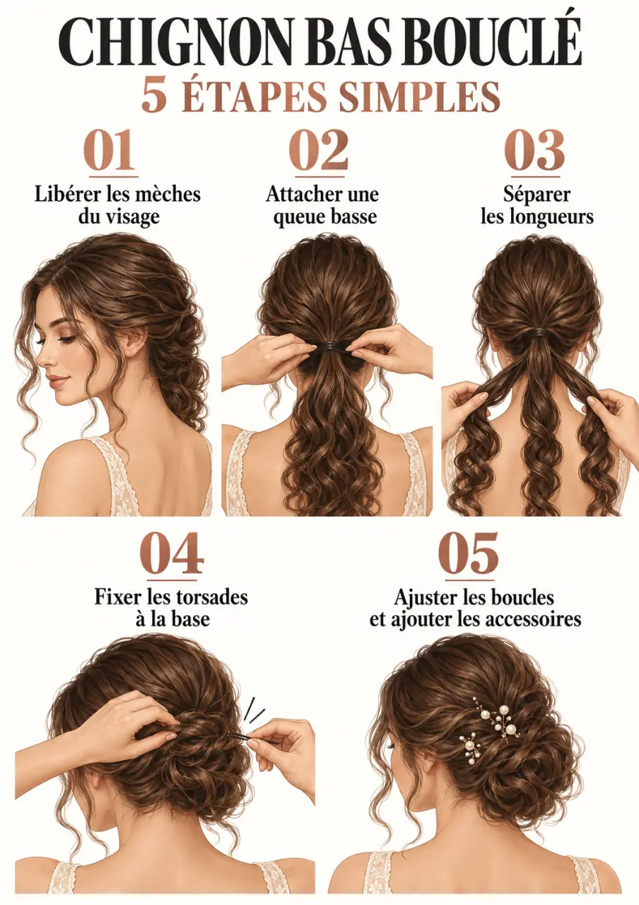 Étapes illustrées pour réaliser un chignon boucle mariage bas et souple