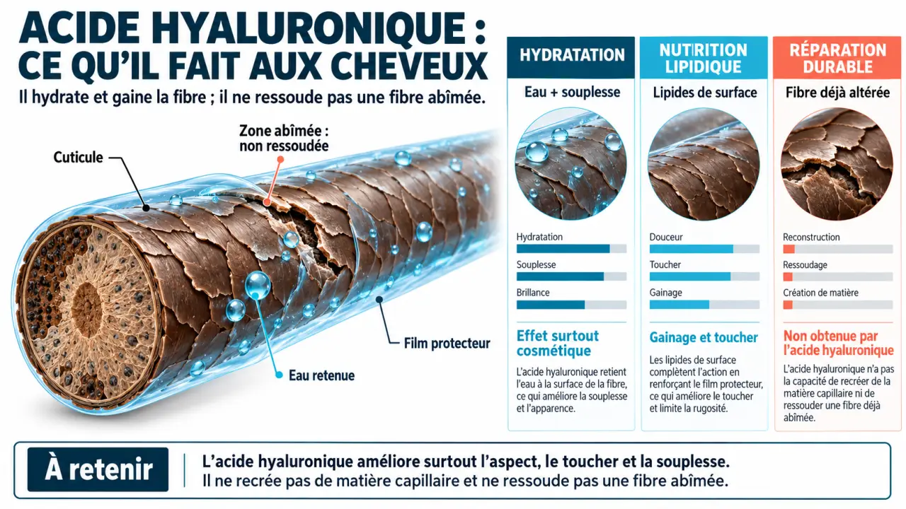 Acide hyaluronique pour cheveux : schéma de la cuticule, de l’hydratation et du film protecteur