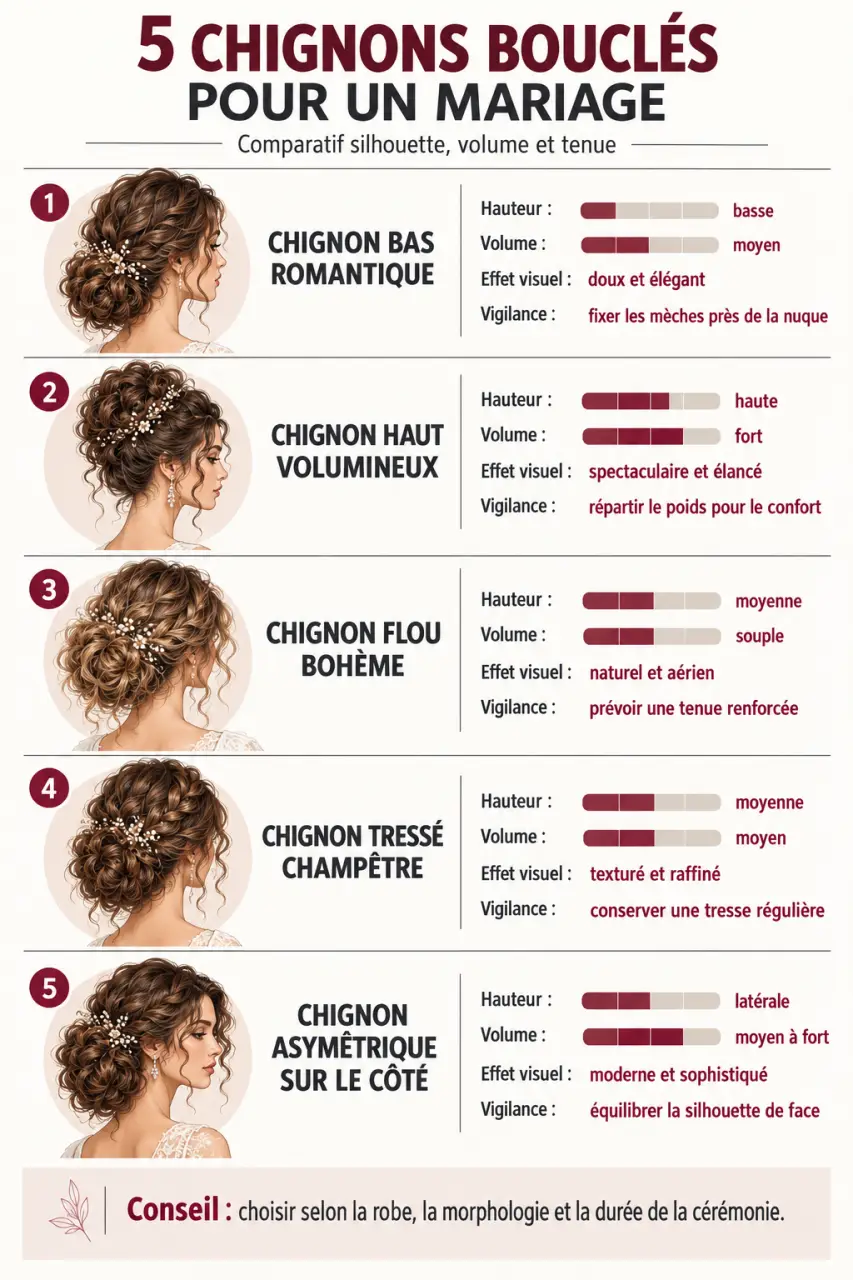 Infographie des modèles de chignon boucle mariage selon la hauteur, le volume et le style