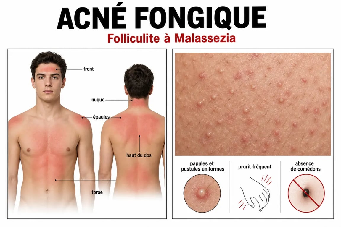 Schéma de l’acné fongique montrant les zones touchées et les boutons typiques