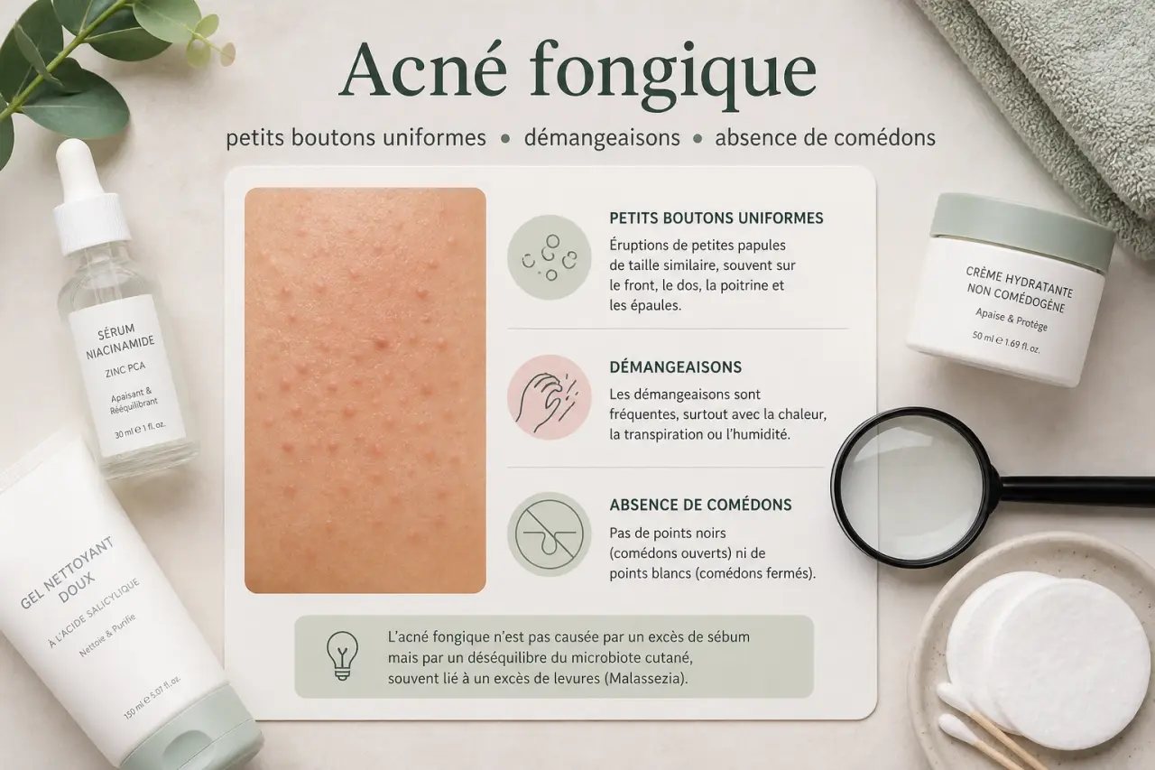 Acné fongique : petits boutons uniformes, démangeaisons et absence de comédons
