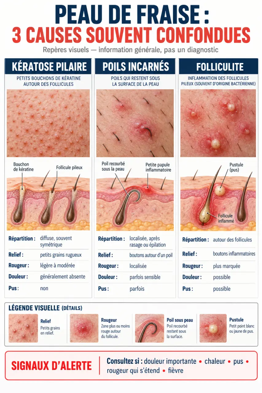 Infographie pour distinguer les principales causes de la peau de fraise : kératose pilaire, poils incarnés et folliculite