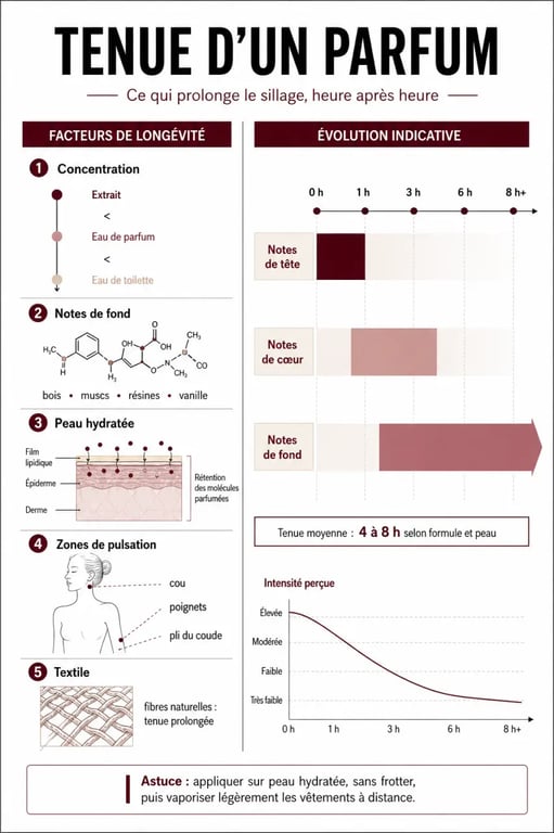 Parfum qui tient longtemps femme : infographie sur la concentration, les notes de fond et les gestes qui prolongent la tenue