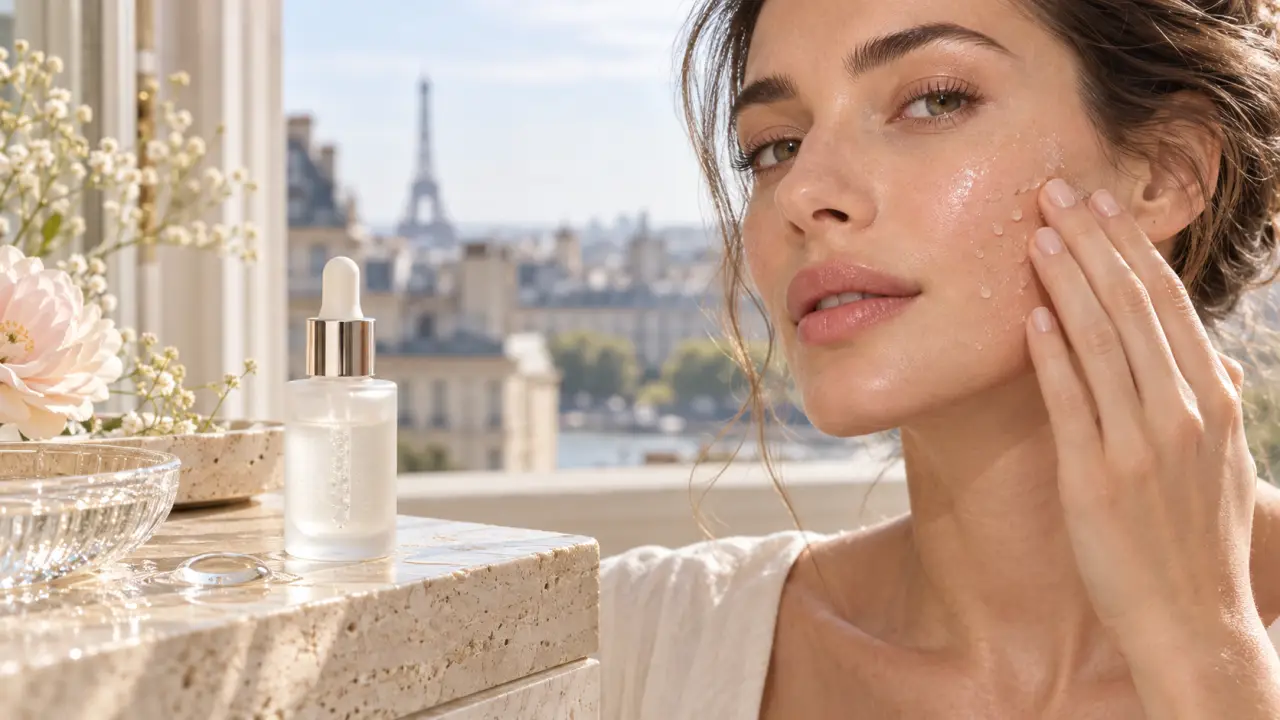 Application d'un sérum hyaluronique sur une peau lumineuse