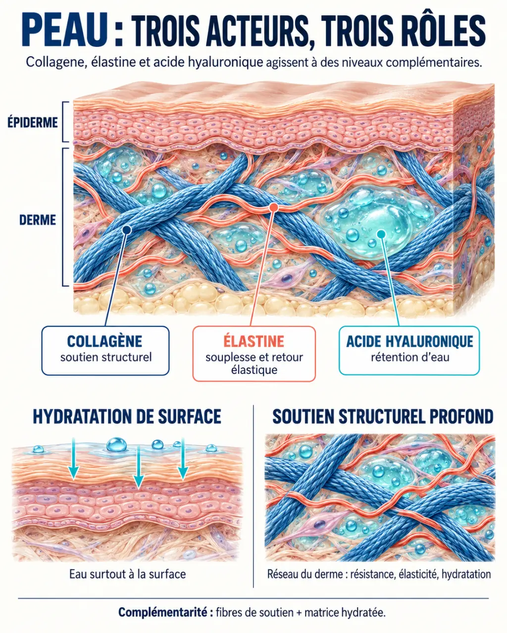 Infographie sur la protéine anti rides et les rôles du collagène, de l’élastine et de l’acide hyaluronique