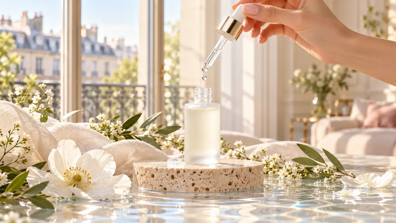 Femme à la peau lumineuse appliquant un sérum hyaluronique dans une salle de bains élégante