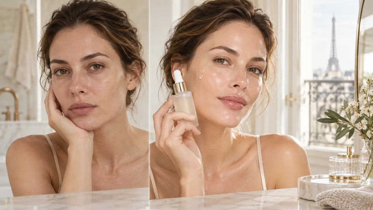 Femme au teint lumineux après l'application d'un sérum hyaluronique