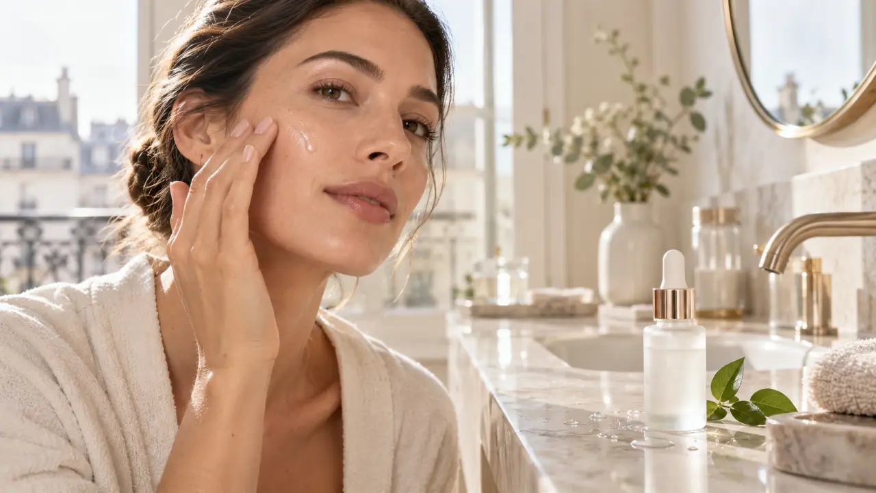 Femme à la peau lumineuse appliquant un sérum hyaluronique