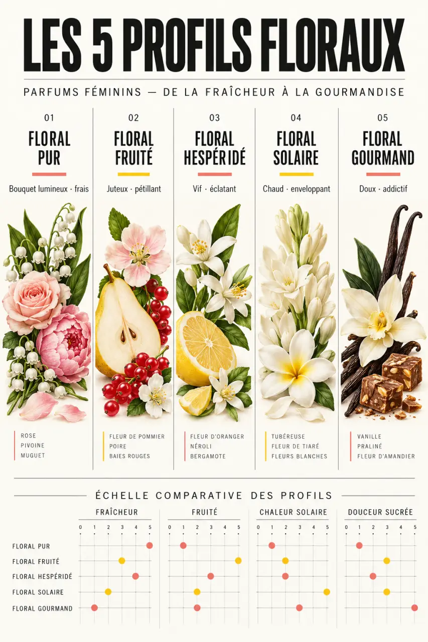 Infographie des cinq profils de parfum floral femme : floral pur, fruité, hespéridé, solaire et gourmand