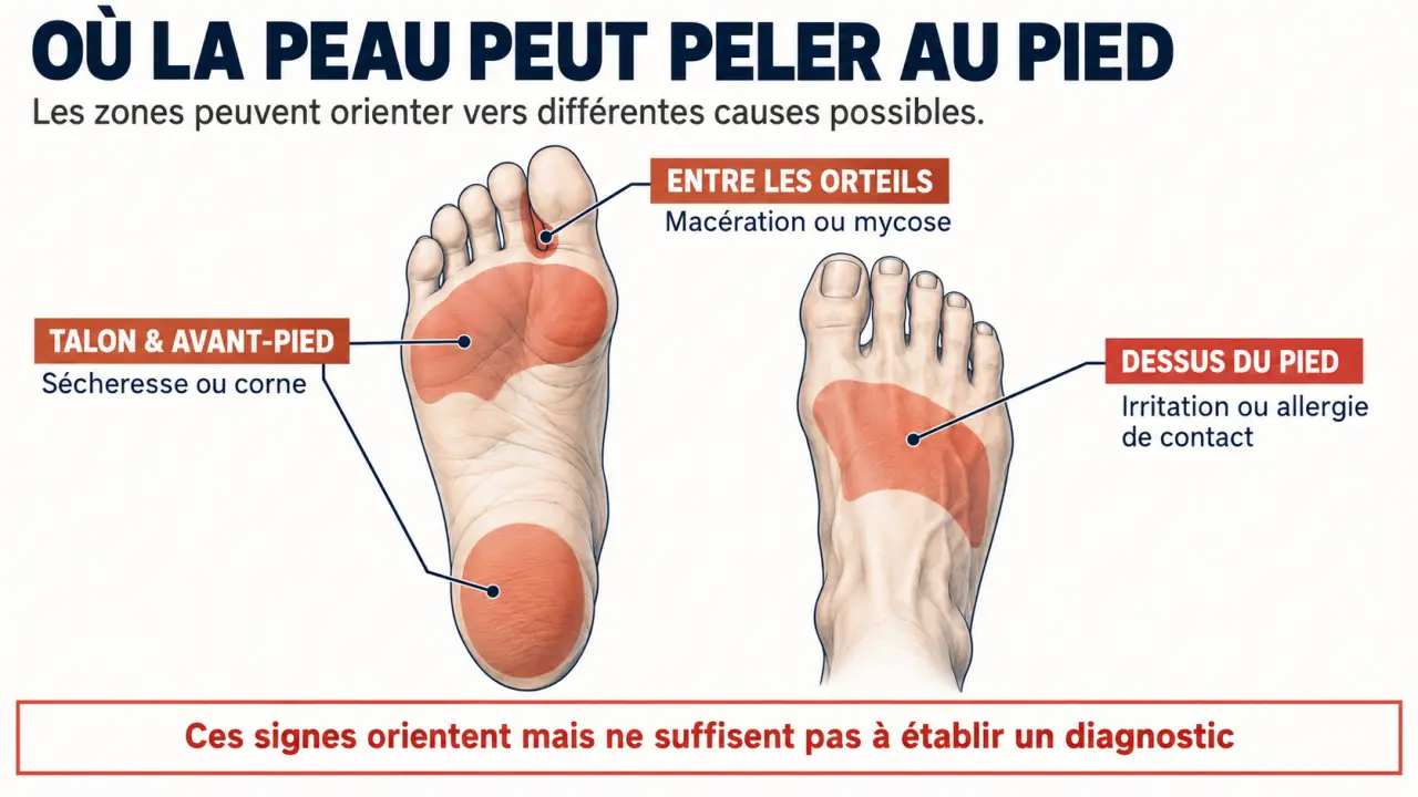 Infographie sur la peau qui pèle au pied selon la localisation et les signes associés