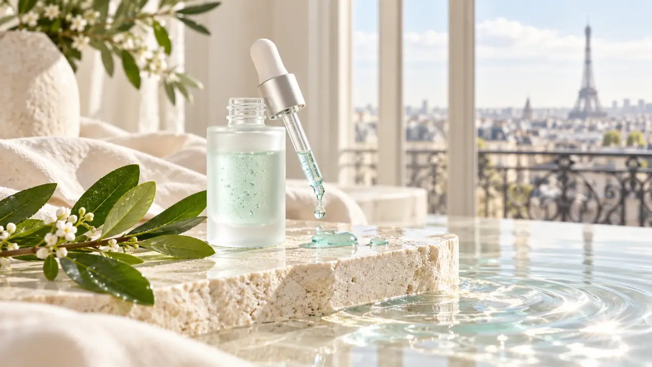 Sérum hyaluronique premium Hyaléon Paris dans un univers lumineux et élégant