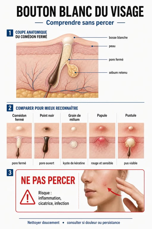 Bouton blanc visage : infographie comparative avec comédon fermé, point noir, grain de milium, papule et pustule