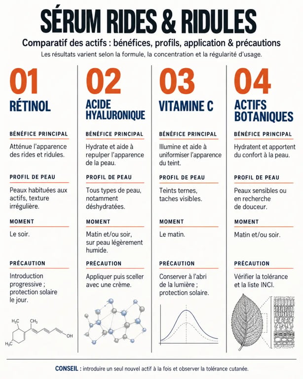 Comparatif des actifs d’un sérum rides & ridules : rétinol, acide hyaluronique, vitamine C et actifs botaniques