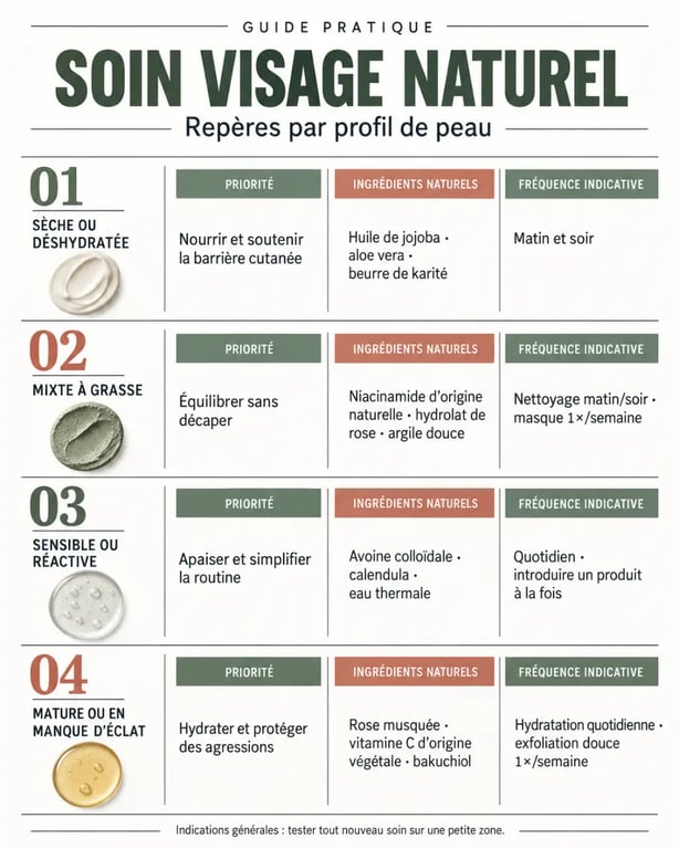 Infographie sur le soin pour visage naturel selon le type de peau et la fréquence d’usage