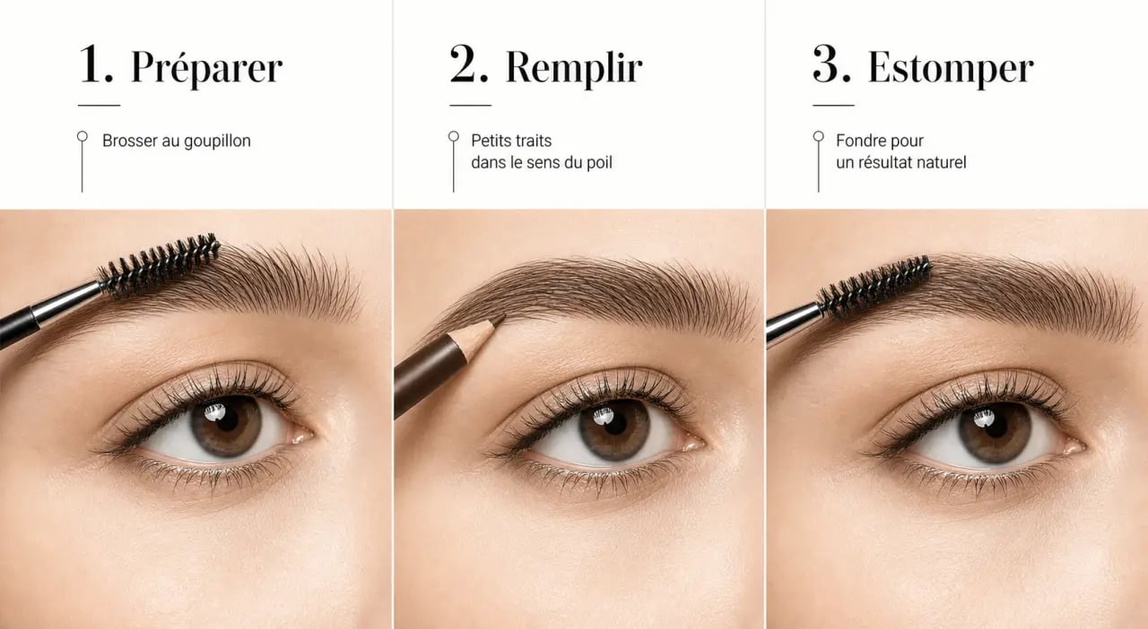 Maquillage sourcils naturel : tutoriel visuel en 3 étapes avec goupillon, petits traits et estompage