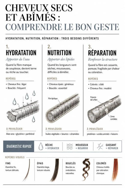Infographie shampoing cheveux secs abîmés : hydratation, nutrition ou réparation selon l’état des cheveux
