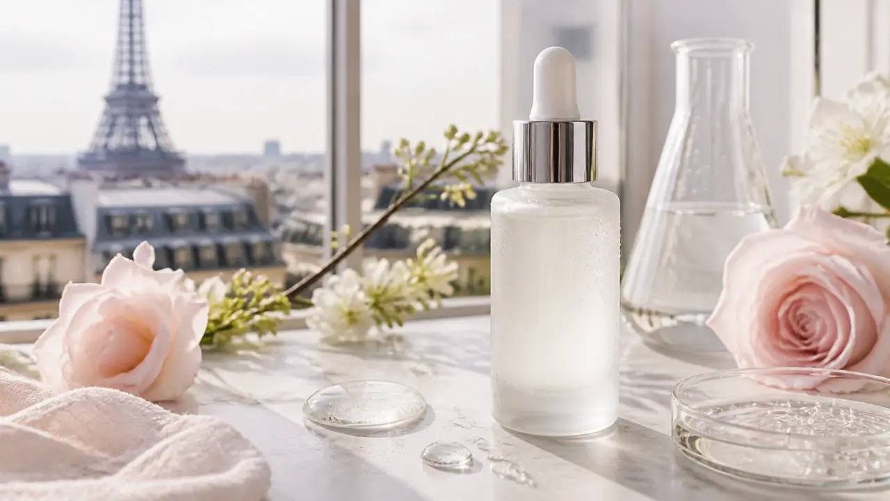 Portrait lumineux d'une femme à la peau hydratée, dans un univers de luxe et de pureté
