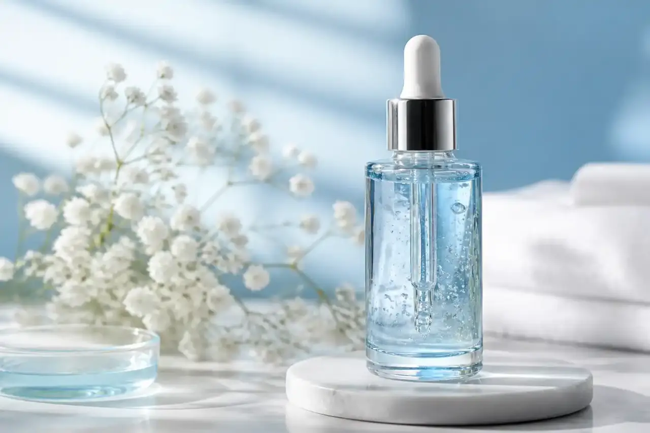 Femme au teint lumineux avec éclats d'eau pure, univers luxe et hydratation