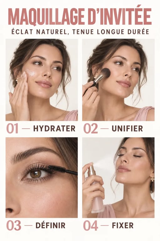 Étapes d’un maquillage mariage invitée naturel, lumineux et longue tenue