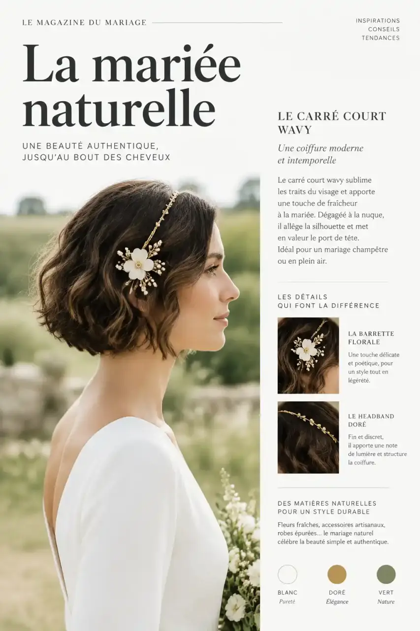 Coiffure mariage carré court wavy avec headband doré sur une mariée de profil, nuque dégagée