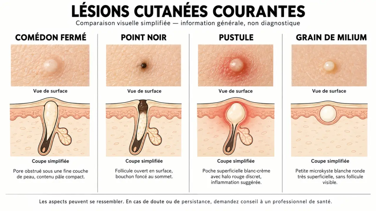 Illustration comparative des boutons point blanc, points noirs, pustules et grains de milium