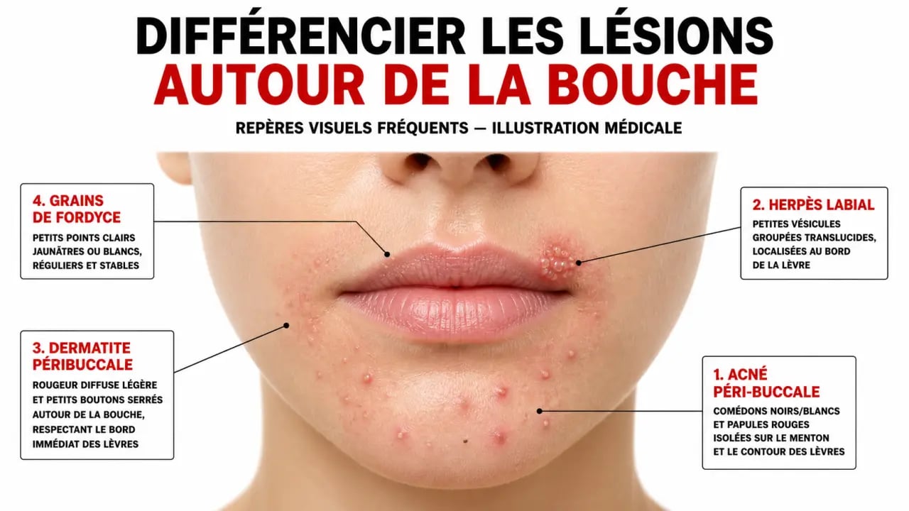 Acné autour de la bouche : schéma comparatif des signes de l’acné péri-buccale, de l’herpès labial, de la dermatite péribuccale et des grains de Fordyce