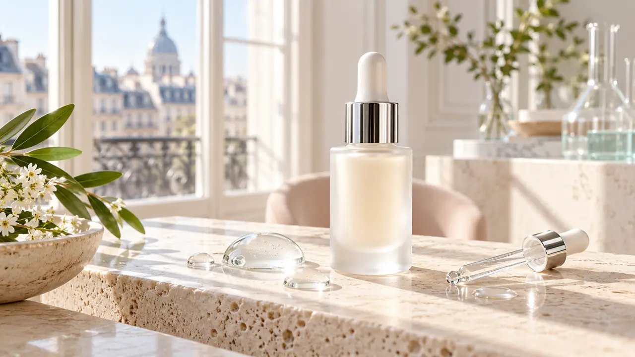 Sérum hydratant premium présenté dans un flacon élégant, dans une lumière douce