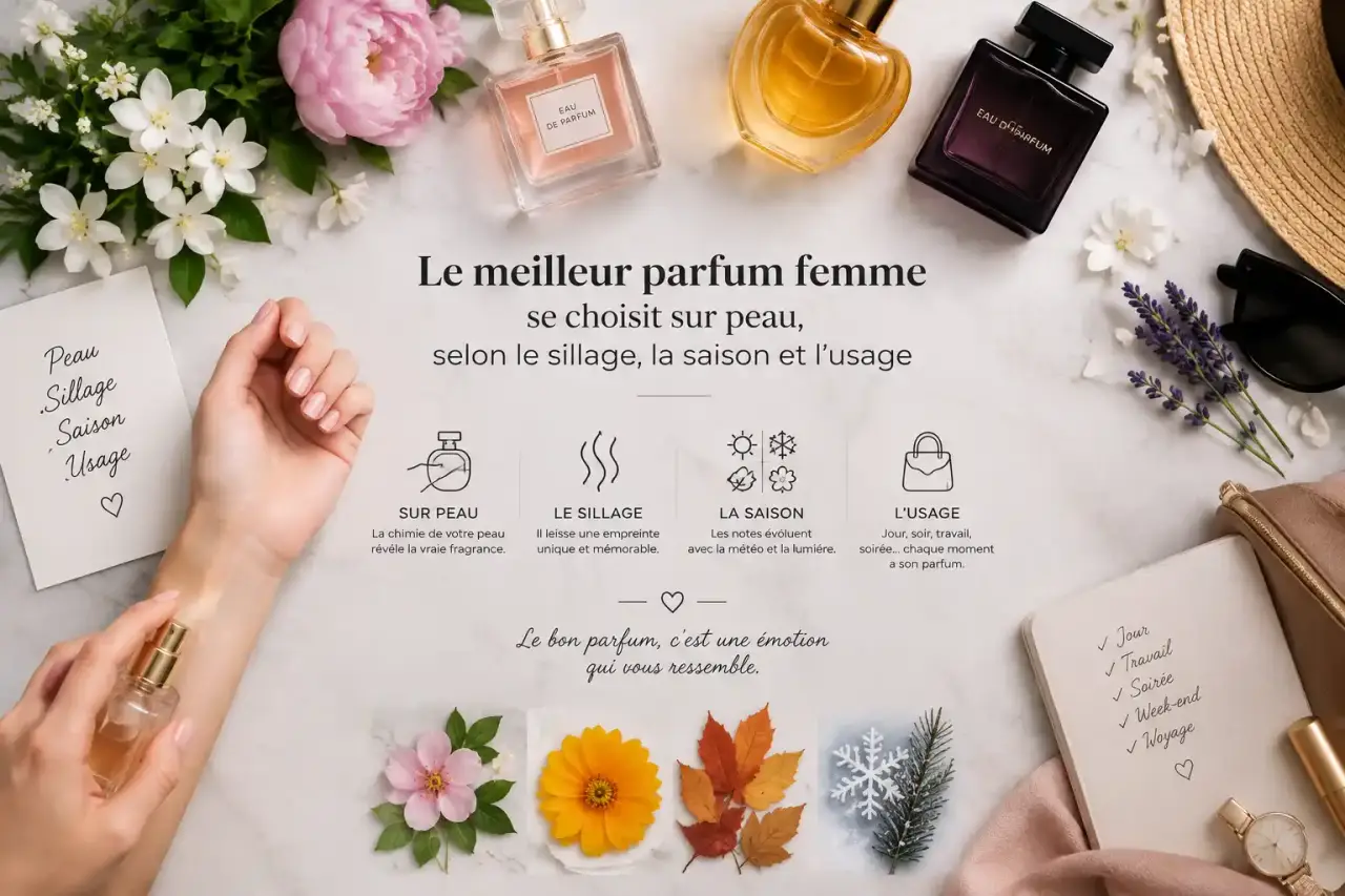 Le meilleur parfum femme se choisit sur peau, selon le sillage, la saison et l’usage